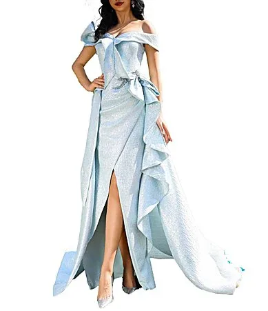 Metallic Jacquard Off-The-Shoulder Ruffle Overskirt A-Line Gown by Terani Couture