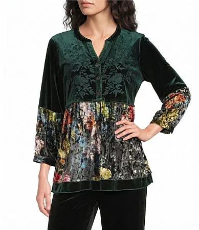 Velvet Floral Embroidered V-Neck 3/4 Sleeve Partial Button Front Tunic by Calessa