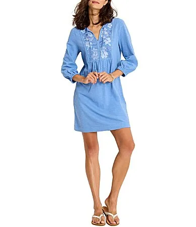 Sunset Harbor Slubbed Jersey V-Neck 34 Sleeve Embroidered Bib Shirt Dress by Tommy Bahama