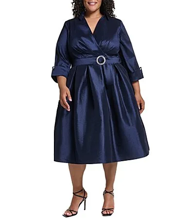 Stretch Taffeta Surplice Neck 34 Cuff Sleeve Pleated Skirt Dress by Jessica Howard