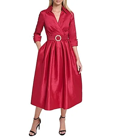 Stretch Taffeta V-Neck Collared 34 French Cuff Sleeves Rhinestone Belted Dress by Jessica Howard