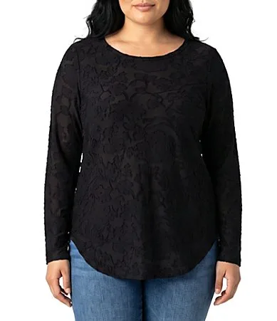 Jacquard Knit Floral Burnout Crew Neck Long Sleeve Top by Karen Kane