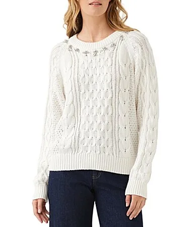 Cable Knit Shimmering Rhinestone Crew Neck Long Sleeve Sweater by Karen Kane
