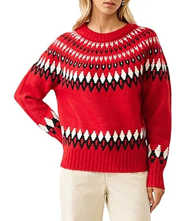 Jacquard Fair Isle Crew Neck Long Sleeves Sweater by Karen Kane
