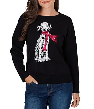 Ruby Rd. Intarsia-Knit Dalmatian in a Tied Red Scarf Crew Neck Long Sleeve Sweater by Ruby Rd