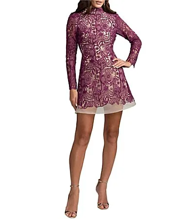 Mac Duggal Floral Lace Long Sleeve Mini Dress by M.A.C.