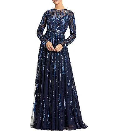 Mac Duggal Long Sleeve Mesh Embellished Gown by M.A.C.