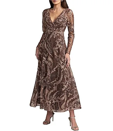 Mac Duggal Floral Embroidered Long Sleeve V Neck Dress by M.A.C.
