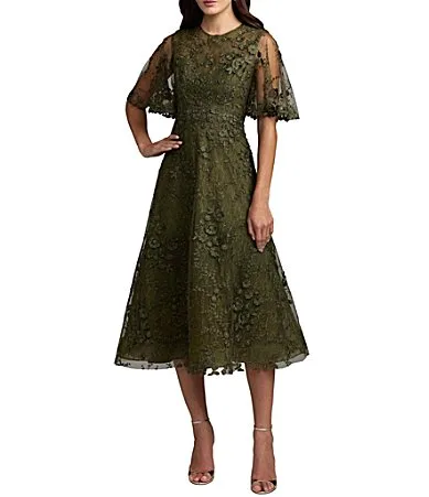 Mac Duggal Embroidered Lace Short Flutter Sleeve Crew Neck A-Line Midi Dress by M.A.C.