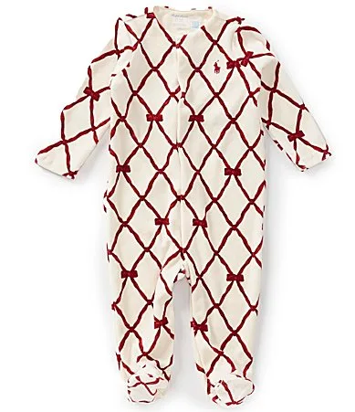 Long Sleeve Ribbon Print Brushed Velour Footed Coverall by Ralph Lauren