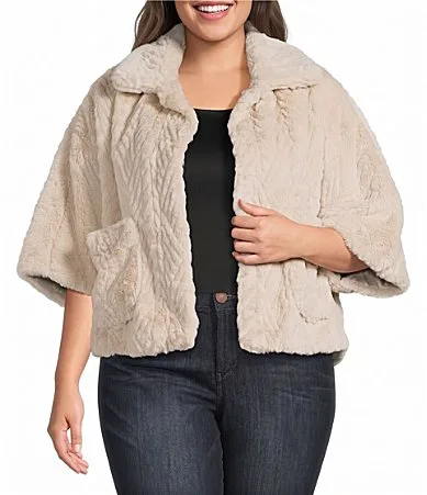 Faux Fur Wide Collar Elbow Length Caplet Jacket by Democracy