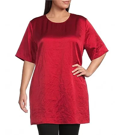 Crinkle Textured Satin Round Neck Elbow Sleeve Tunic by Eileen Fisher
