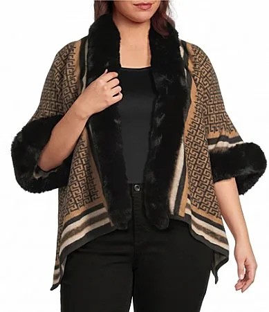 Knit Texture Stripe Border Plush Trim Open Front 34 Sleeve Sweater Jacket by Ali Miles