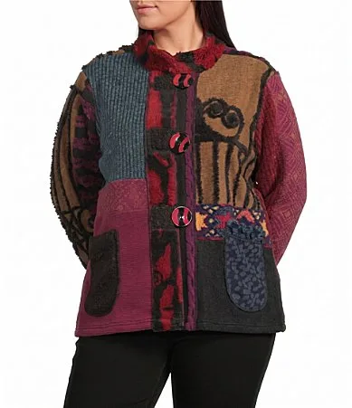Woven Abstract Mix Media Stand Collar Long Sleeve Button-Front Jacket by Ali Miles