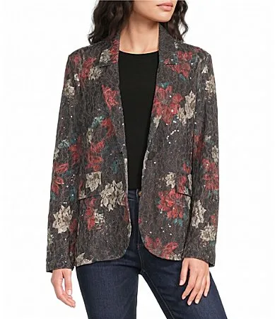 Knit Floral Print Notch Lapel Long Sleeve Sequin Detail Blazer by Ali Miles