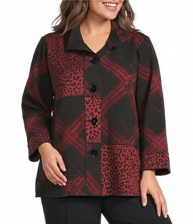 Knit Jacquard Multi Abstract Wire Collar 34 Sleeve Button Front Shirt by Ali Miles