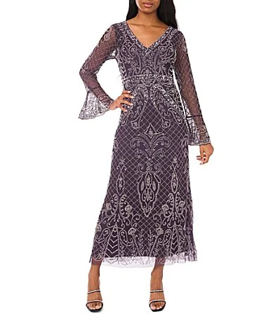 V-Neck Contrast Beaded Long Sleeve Column Gown by Pisarro Nights