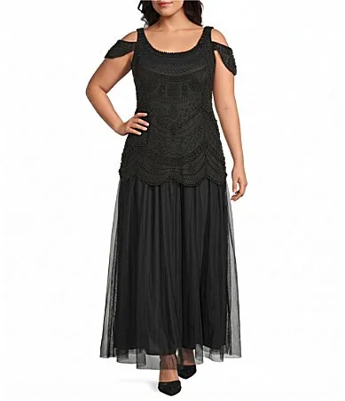 Cold Shoulder Scoop Neck Long Beaded Dress by Pisarro Nights