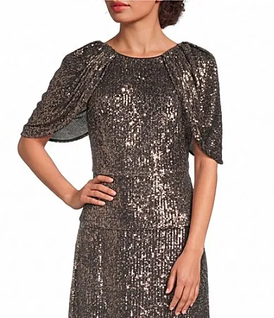 Sequin Mesh Drape Overlay Blouse by Maggy London