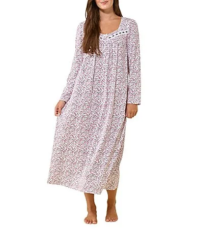 Pink Ditsy Floral Print Long Sleeve Sweetheart Neck Cotton Jersey Knit Long Nightgown by Eileen West