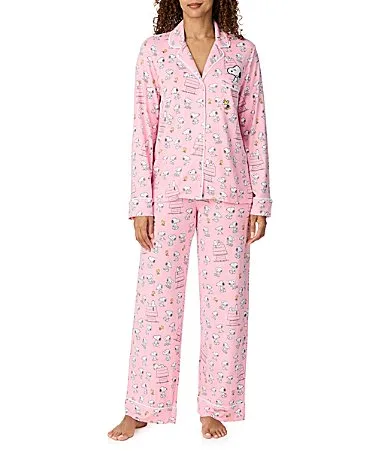 Pink Snoopy Print Notch Collar Long Sleeve Knit Pajama Set by Peanuts