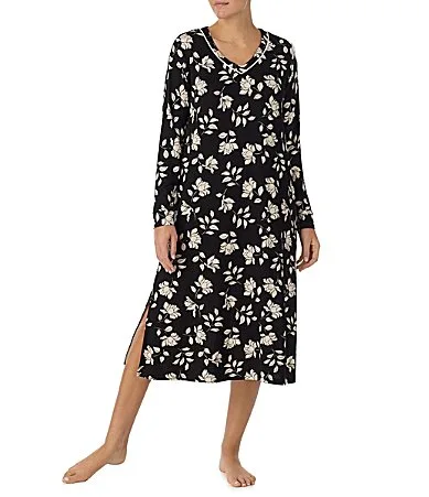 Floral Print Long Sleeve V-Neck Sweater Knit Midi Nightgown by Tommy Bahama