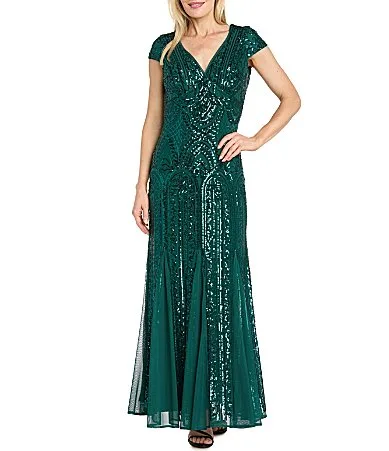 Sequin Mesh Godet Gown by R&M Richards