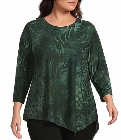 Coordinating Jacquard Knit Burnout Round Neck 34 Sleeve Asymmetric Hem Top by Calessa