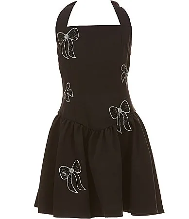 Scuba Halter Neck Rhinestone Bow Dress by Stella 88