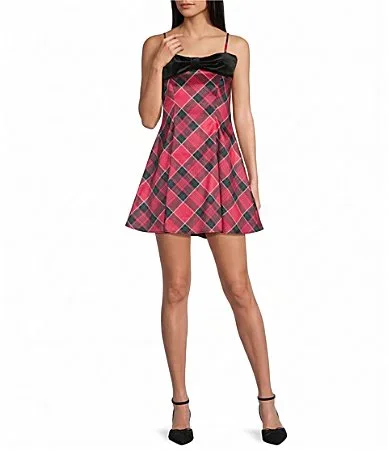 Sleeveless Plaid Bow-Accented A-Line Mini Dress by Honey and Rosie