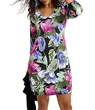 Darcy Costa Double Knit Floral Bloom Print V-Neck 34 Sleeve A-Line Dress by Tommy Bahama