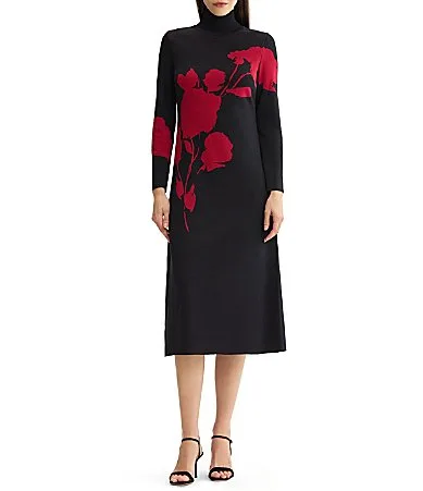 Jacquard Knit Red Floral Turtleneck Long Sleeve A-Line Midi Dress by Misook