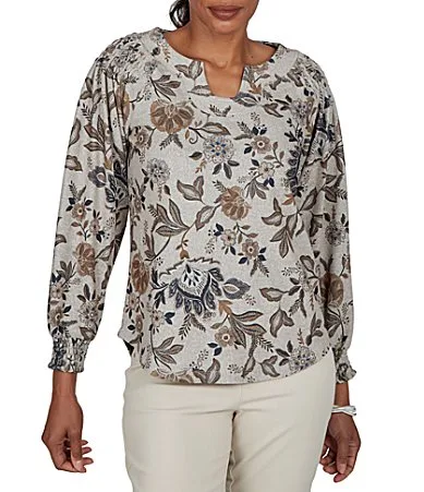 Stretch Knit Floral Horseshoe Neck Long Sleeve Smocked Detail Top by Ruby Rd