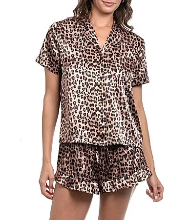 Animal Print Satin Short Sleeve Notch Collar Button-Front Shorty Ruffled Pajama Set by In Bloom by Jonquil