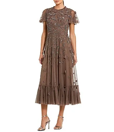 Mac Duggal Beaded Crew Neck Short Sleeve A-Line Midi Dress