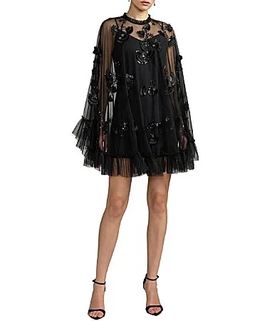 Mac Duggal Mock Neck Long Flared Sleeve Mesh A-Line Mini Dress by M.A.C.