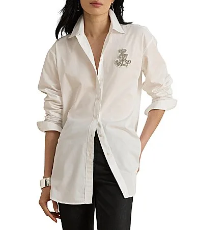 Lauren Ralph Lauren Woven Point Collar Long Sleeve Rhinestone Embellished LRL Logo Shirt by Ralph Lauren