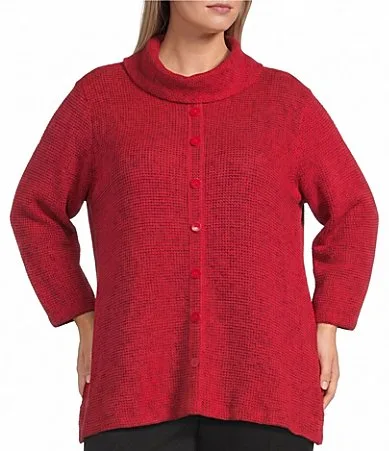 Textured Knit Cowl Neck 3/4 Sleeve Faux Button Novelty Top