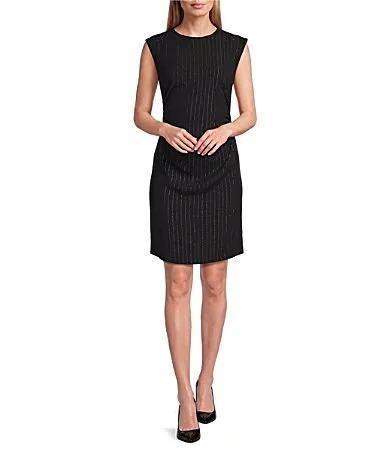 DKNY by Donna Karan Studded Pinstripe Crew Neck Sleeveless Midi Length A-Line Dress by Donna Karan
