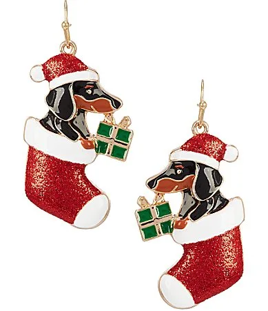 Christmas Puppy in Stocking Gift Drop Earrings by Merry & Bright