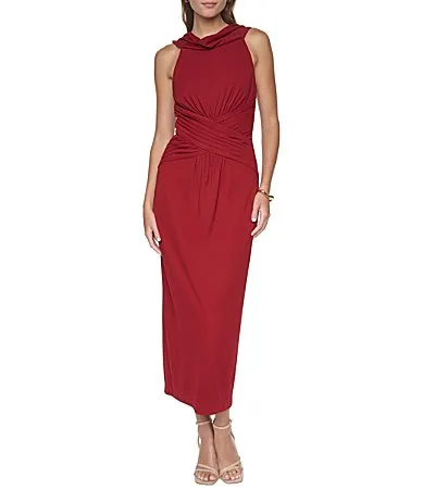 High Neck Sleeveless Ruched Cross Detail Draped Column Skirt Long Dress by Halston
