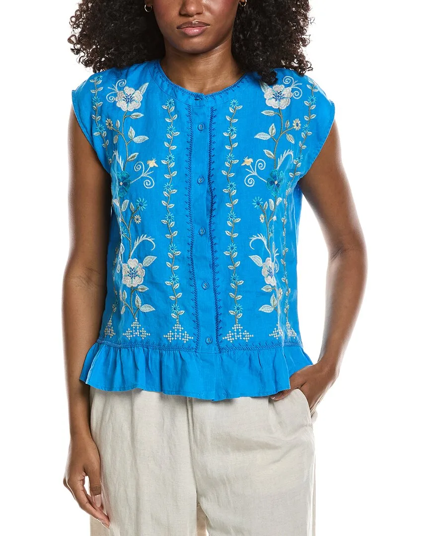 Peplum Cap Sleeve Linen Blouse by Johnny Was