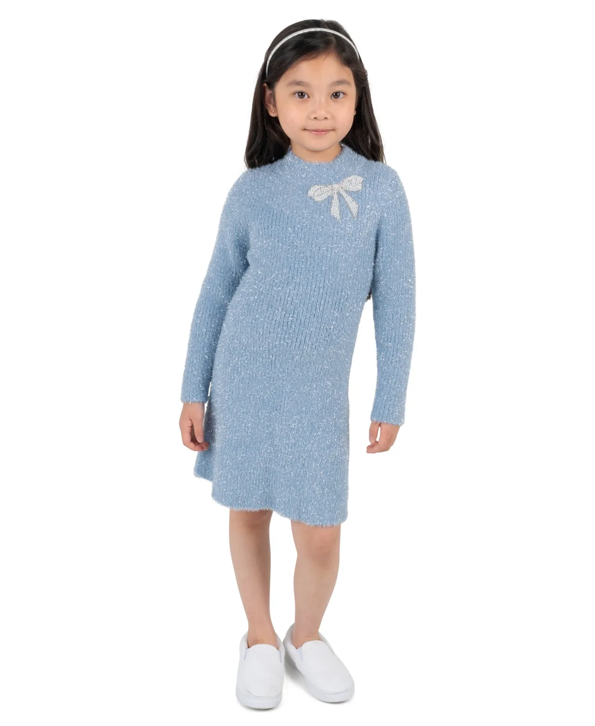 Metallic Rib Knit A-Line Dress with Rhinestone Bow Detail by Rare Editions