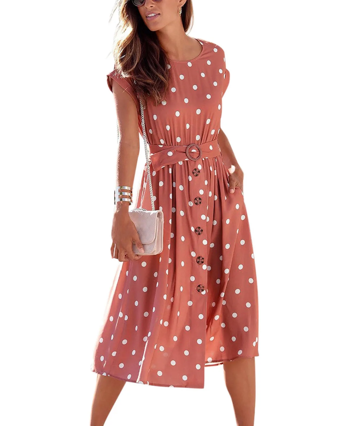 Polka-Dot Short-Sleeve Belted Midi Dress by Lascana