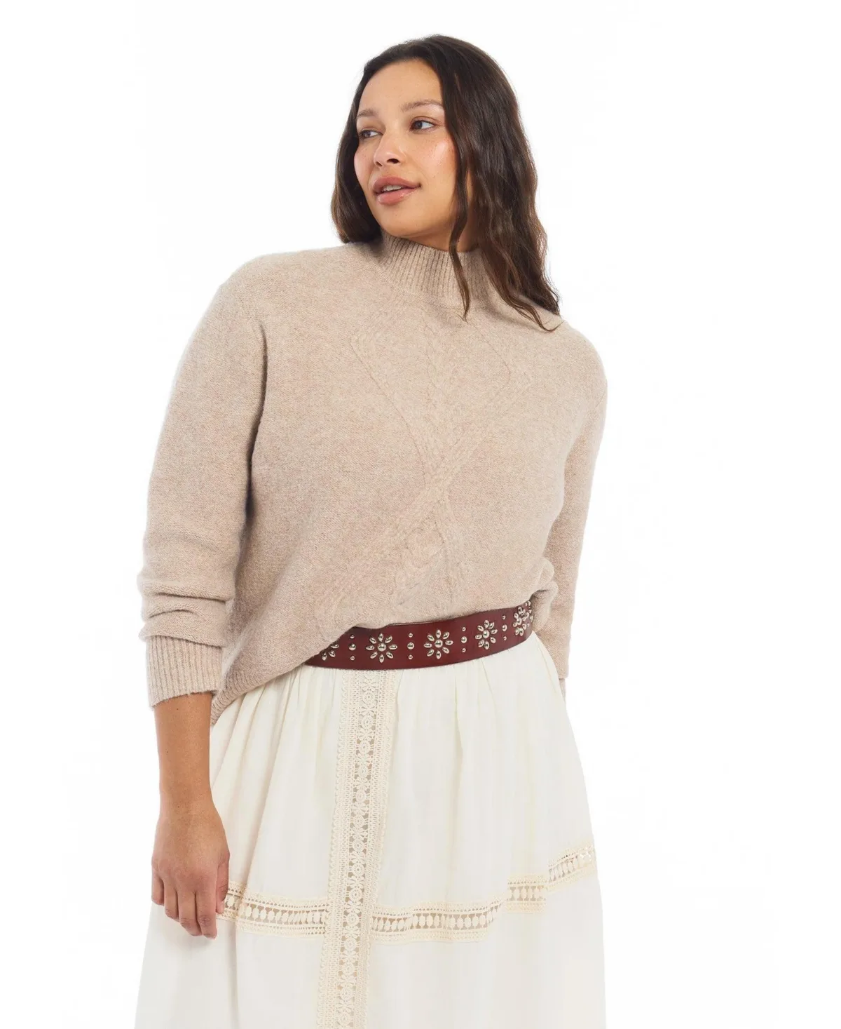 Cable-Knit Mock Neck Sweater by June & Vie