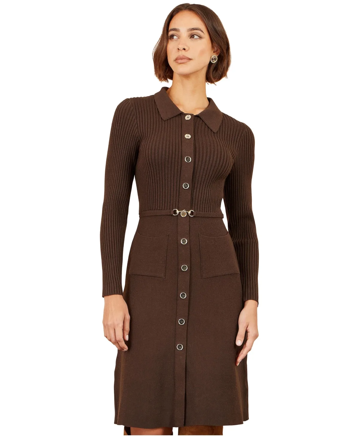 Ribbed-Knit Belted Midi Shirt Dress by Yumi