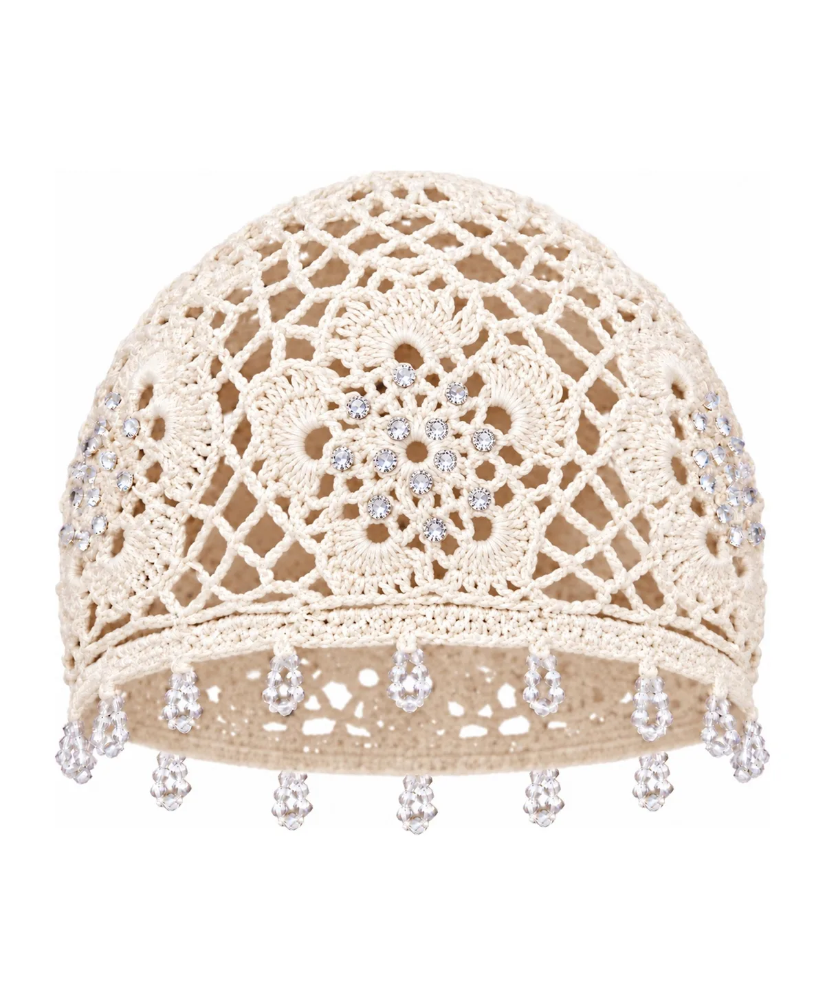 Crystal-Embellished Crochet Cap by Brunnaco