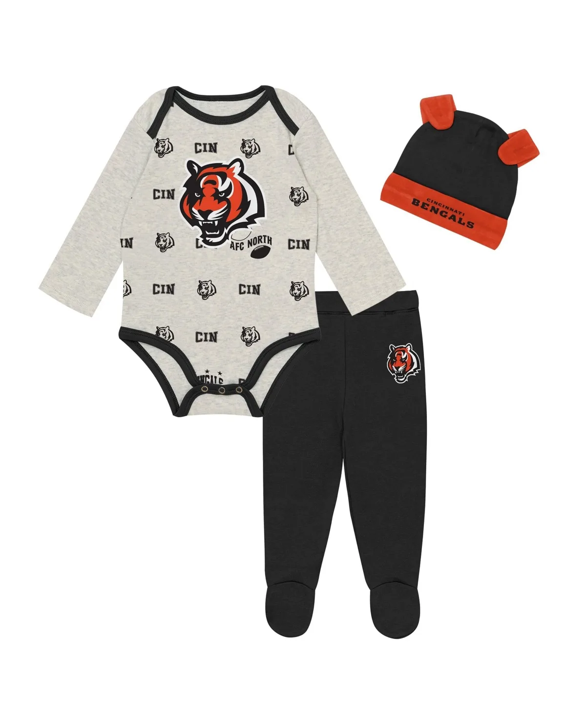 Huddles Giggles Cincinnati Bengals Long-Sleeve Footed Bodysuit, Pants and Hat, 3-Piece Set by Outerstuff