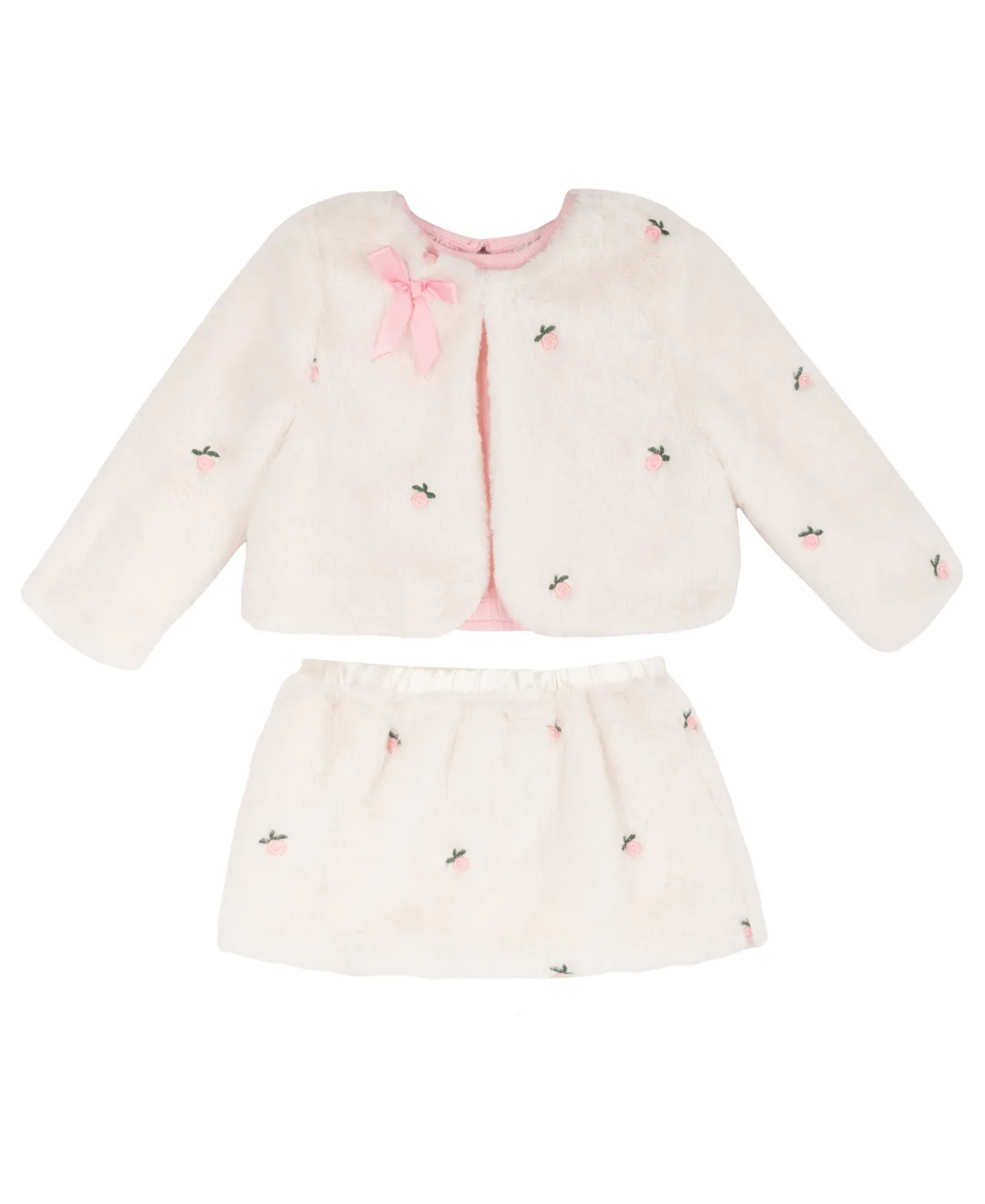 Rose-Embroidered Faux Fur Jacket and Skirt, 3-Piece Set by Rare Editions