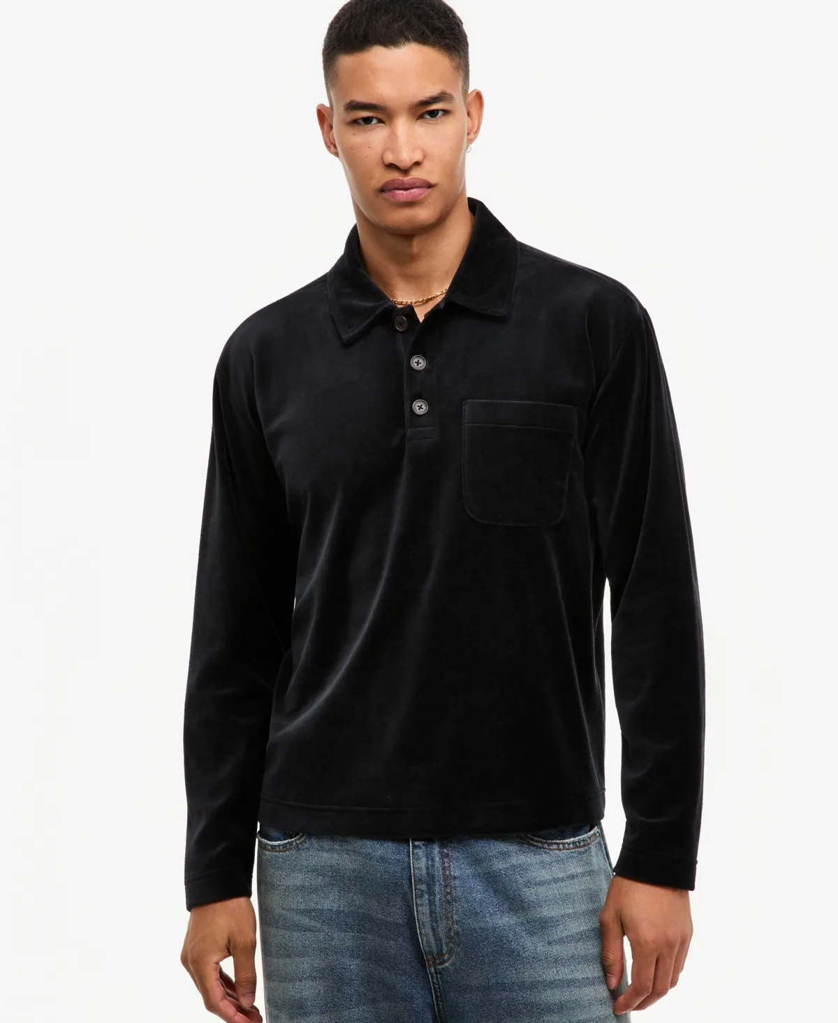 Long-Sleeve Relaxed-Fit Velour Polo Shirt by Mode of One